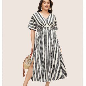 NWT BloomChic Geometric Dolman Sleeve Pocket Shirred Split Hem Dress, Beige, 2X